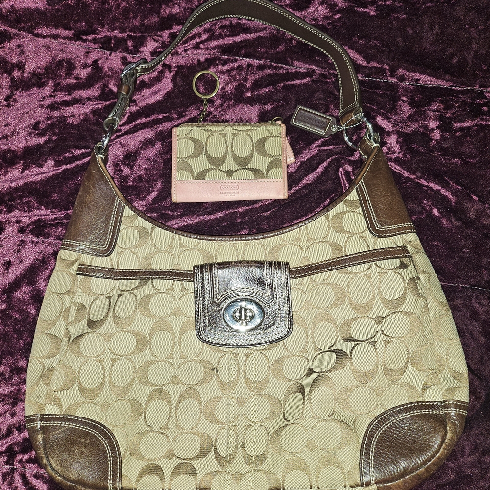 Coach Signature Tan and Brown Purse